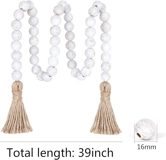 Meplait 39in Wood Bead Garland Farmhouse with Tassels,Versatile Prayer Beads Boho Chic Wall Hanging Home Decor (Wash White)