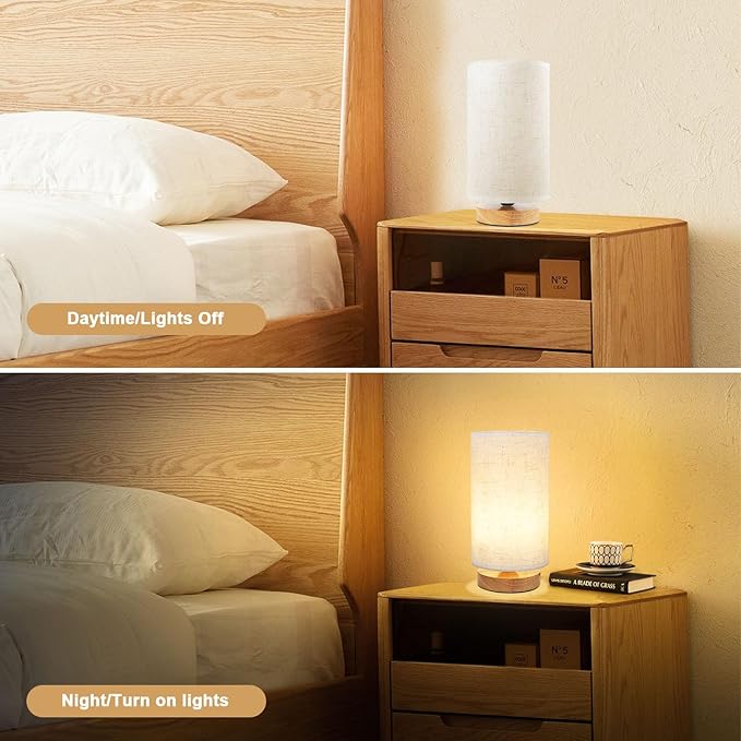 Small Bedside Table Lamp for Bedroom, Minimalist Wood Base & Round Fabric Shade, Mini Cute Cozy Warm White Nightstand Boho Lamp, Study Desk Night Stand Light for Room, Dorm, Nursery, Living Room