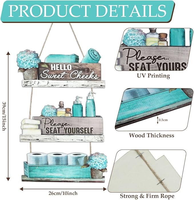 Dazzlewall 3pcs Farmhouse Bathroom Wooden Wall Decor, Turquoise Vintage Floral Bathroom Accessories Wood Hanging Sign Rustic Blue Toilet Plaque Decor, 15.3x10.2 in