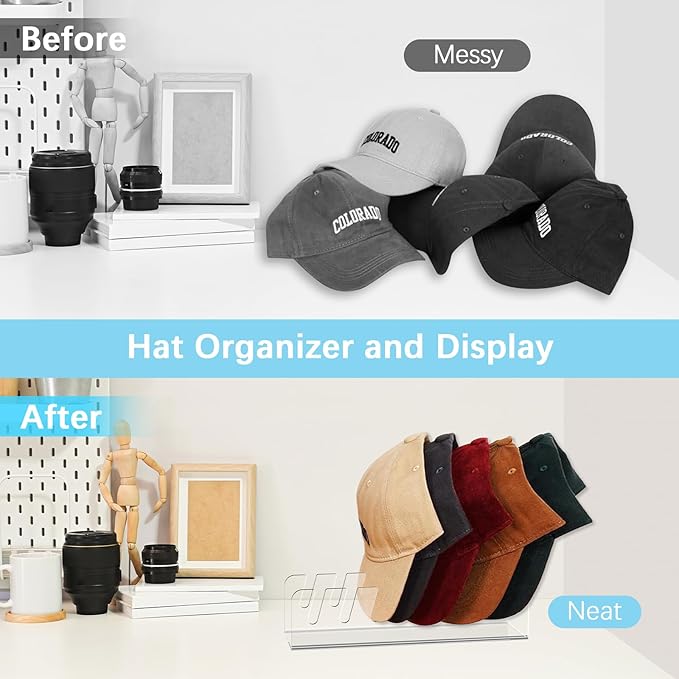 4 Pack Hat Storage Organizer for Baseball Caps - Acrylic Hat Display Rack for 28 Ball Caps, No Install Hats Stand Shelf for Trucker and Golf Cap, Hats Holder for Closet, Bedroom (Clear)