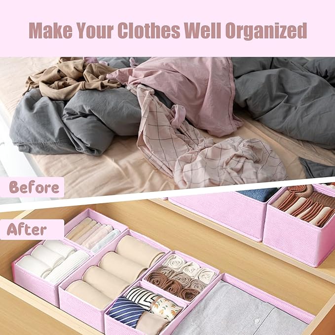 Drawer Organizer Clothes 12 Pack Clothes Organizer Dresser Drawer Organizers for Socks Underwears Bras Foldable Closet Organizers and Storage Fabric Storage Dividers for Nursery Bedroom, Pink