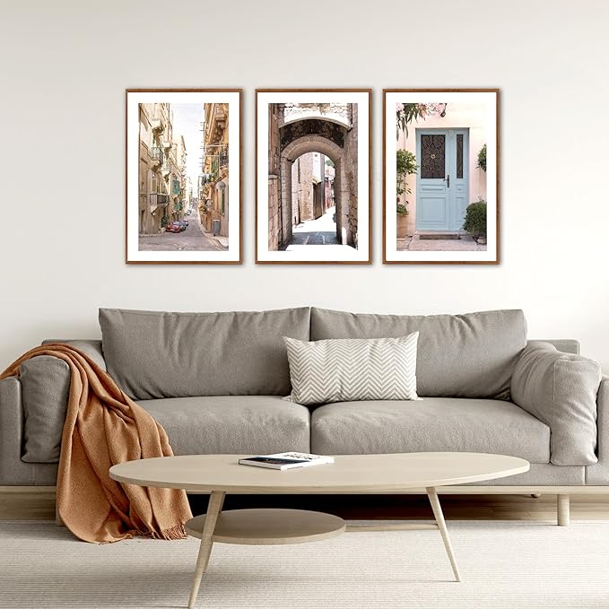 KAlRNE Vintage Cityscape Framed Canvas Painting Set of 3(16”X24”),European Street Scenery Wall Decor,Framed Rustic Mediterranean Wall art,Texture Alleyway Beige Art Prints For Living Room Bedroom