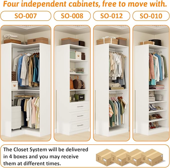 Closet Organizer System of 4 Sets with 3 Drawers, 9 Hanging Rods & 8 Shelves, 157" Walk in Closet System, Corner Closet Organizer, Modular Standalone Closet, White