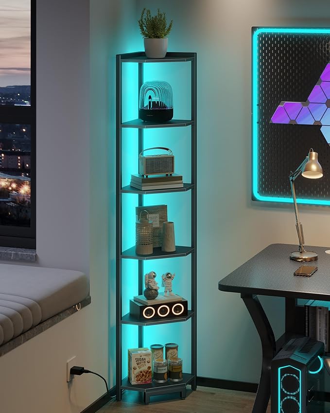 Hzuaneri Corner Shelf with LED Light, 6-Tier Corner Bookshelf, Tall Narrow Display Bookcase with Metal Frame, Standing Shelf for Small Space, Living Room, Home Office, Bedroom, Black CS66606B
