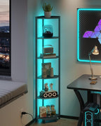 Hzuaneri Corner Shelf with LED Light, 6-Tier Corner Bookshelf, Tall Narrow Display Bookcase with Metal Frame, Standing Shelf for Small Space, Living Room, Home Office, Bedroom, Black CS66606B