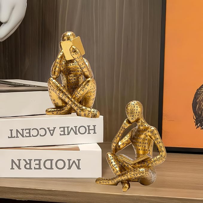 Antique Gold Reading Thinker Statue, Set of 2 Bookshelf Decor Abstract Art Thinker Sculptures, Modern Aesthetic Figurine Home Decoration Ornaments for Living Room Office Shelf Coffee Table Desk Decor