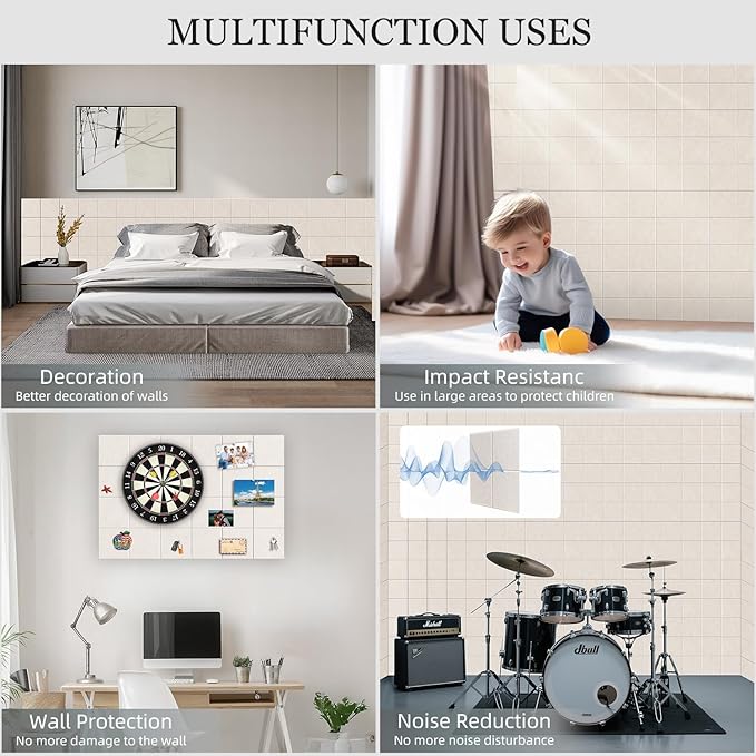 Large Felt Cork Board Alternative - 36" x 24" Bulletin Board with 30 Pushpins, 6 Pack Adhesive Cork Board, Sound Absorbing Fabric Wall Tiles, for Office Home Music Class, Warm White