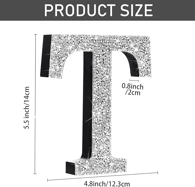Qunclay 5.7" Silver Crystal Diamond Bling Letters Crushed Diamond Decoration Wooden Glitter Letter with Screw and Hooks Rhinestone Gift for Wedding Y2k Mcbling Bedroom Wall Decor (Letter T)