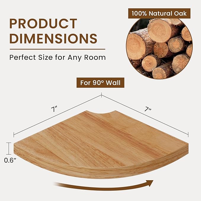 Fun Memories Corner Shelf Wall Mount Set of 2 - Solid Oak Wood Floating Corner Shelf with Cable Hole, 7in Rustic Design for Bedroom, Living Room, Kitchen (Natural)