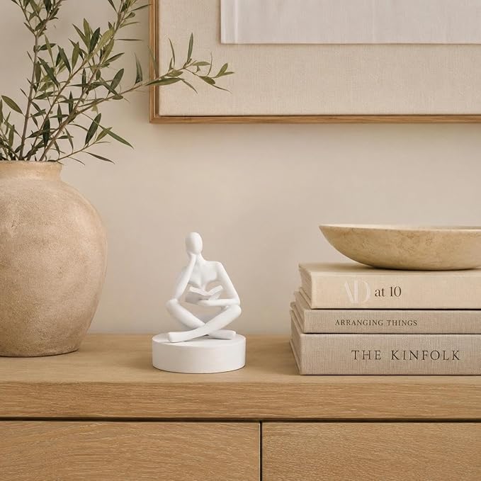 White Bookshelf Decor Thinker Statue, Abstract Reading Figurine Style A, Resin Decorative Bookend for Coffee Table, Shelf, Home Office, Library