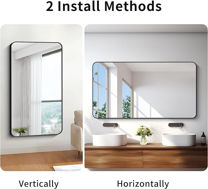 BONEWEI 30x55 inch Bathroom Mirror,Black Rectangle Mirror,Wall Mounted Bathroom Frame Vanity Mirror with Round Corner for Bedroom Living Room, Entryway Hangs Horizontal or Vertical