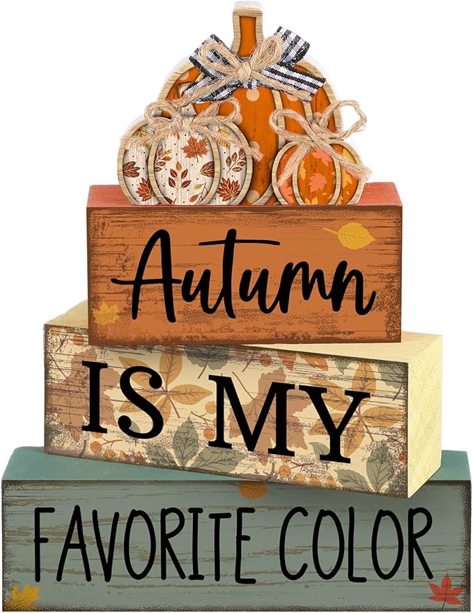 Lineshading 4 Pcs Fall Pumpkin Decor Fall Table Decoration Thanksgiving Tiered Tray Decor Thanksgiving Centerpiece Rustic Stacked Pumpkin Block Signs Farmhouse Harvest Decorations for Home Kitchen