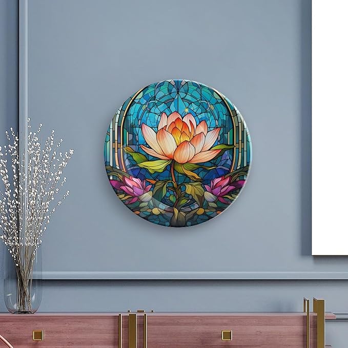 Decorative Plates for Home Decor, Water Lily Blue Stained Glass Print Decor Tray for Table Display, Ceramic Dinner Plate W/Stand, Living Room Dining Room Decor, Gifts for Lotus Lover, 7 Inch