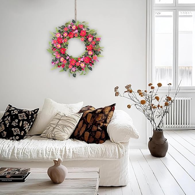 24 Inch Large Spring Summer Front Door Wreaths, Artificial Eucalyptus Daisy Wreath with Pink Red Flowers, Rustic Farmhouse Wreath for Porch Wall Window, Indoor Outdoor All Season Home Decor