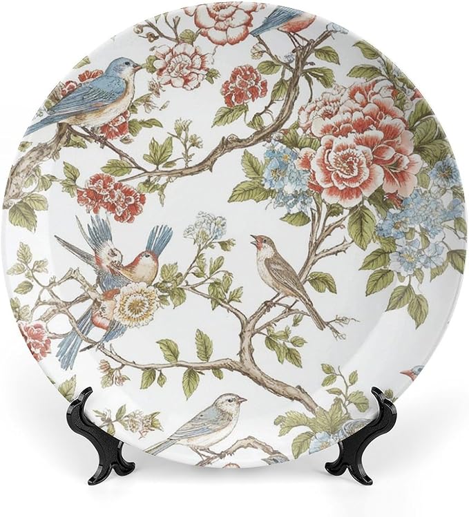 Fashion Plates Chinoiserie Tree Peony Bird Floral Personalized Decor for Office Wall Table Display Hanging Decorative Tiles Including Bracket And Special Hook, Multi Sizes, Gifts for Men Women