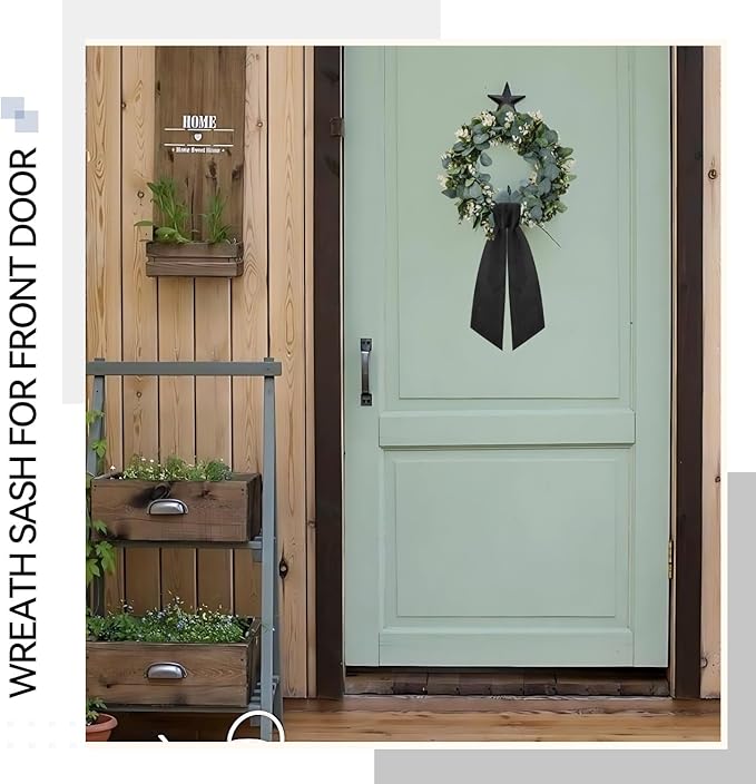 2 Pcs Black Wreath Sash for Front Door Linen Wreath Ribbon Bow for Yard Porch Garland Home Decor