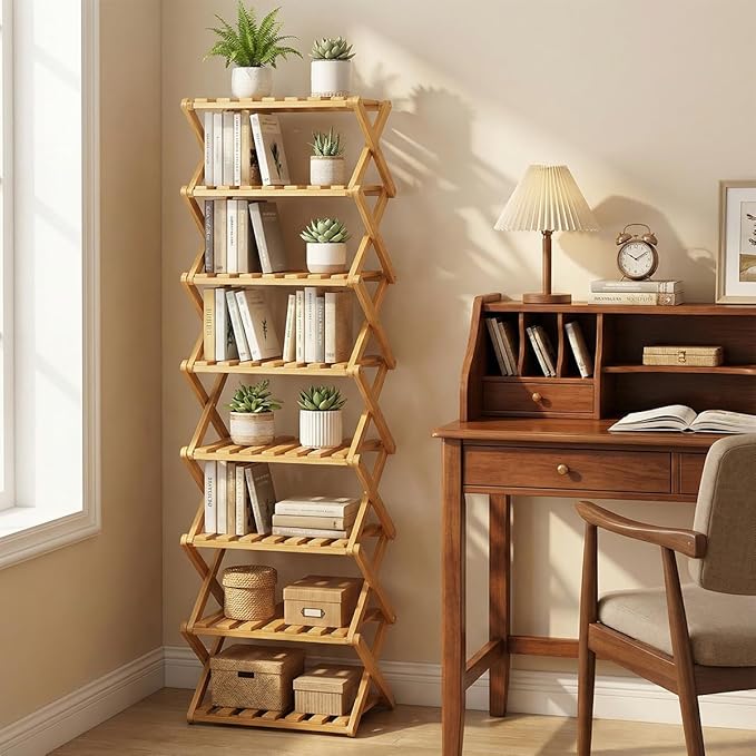 The 9-Tier No-Assembly Bamboo Rack, 3-9 Tiers Bamboo Shoe Rack, Foldable Bamboo Vertical Shoe Organizer, Multifunctional & Space-Saving, For Entryway, Closet, Corner, Bedroom, Hallway (Wood, 7Tiers)