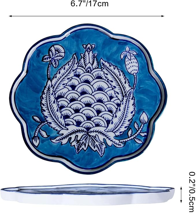 Hand-Painted Blue and White Ceramic Plate 6.7 Inch, Floral Chinoiserie Decorative Plate for Shelf Cabinet, Kitchen Dinnerware Dessert Cheese Sushi Snack Dishes, Great Housewarming Gift