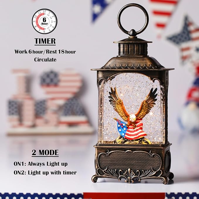 Eagle Snow Globe Lantern 4th of July Decorations Decorations Gifts Auto Snowfall Glitter Music Collection Independence Day Patriotic American Flag with 6H Timer USB/Battery Powered 10.2 inch