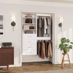 ROOMTEC Modular Closet System, 46" Wall-Mounted Closet Organizer with Drawers and Hanging Rods, Wooden Tower for Walk-In Closets, Wardrobe Storage Kit, White