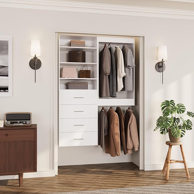 ROOMTEC Modular Closet System, 52" Wall-Mounted Closet Organizer with Drawers and Hanging Rods, Wooden Tower for Walk-In Closets, Wardrobe Storage Kit, White