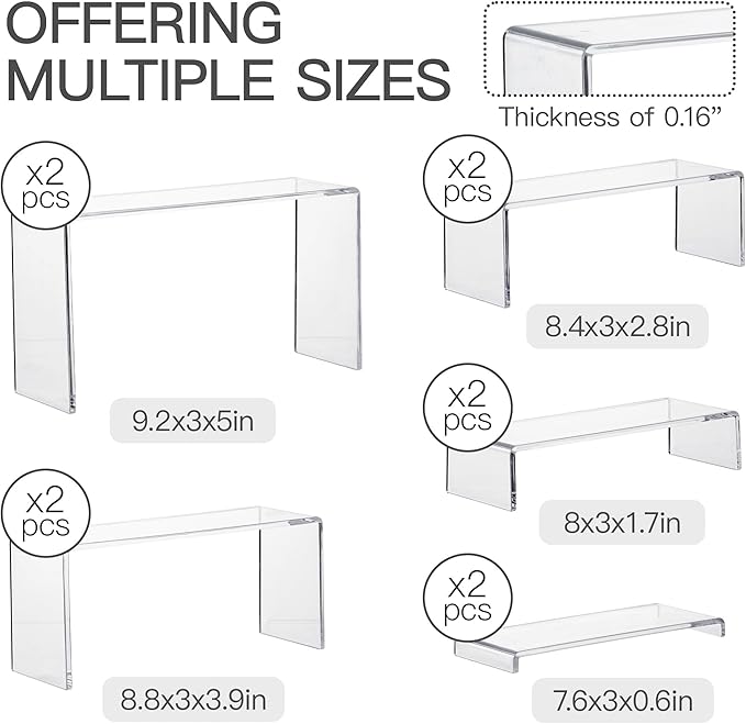 ANDGOO 10 Pack Acrylic Display Risers, 2 Set(7”L~8”L~9”L) Perfume Stand Organizer, Easy to Store Clear Cupcake Stand, Display Risers for Retail Stores Special Events Exhibitions Home Decoration
