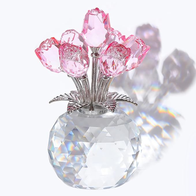 Arikyrist Crystal Pink Rose Bouquet Figurine with Round Vase, Glass Rose Flower Romantic Gifts for Her Mom on Anniversary, Collectible Decoration Table Centerpiece for Home