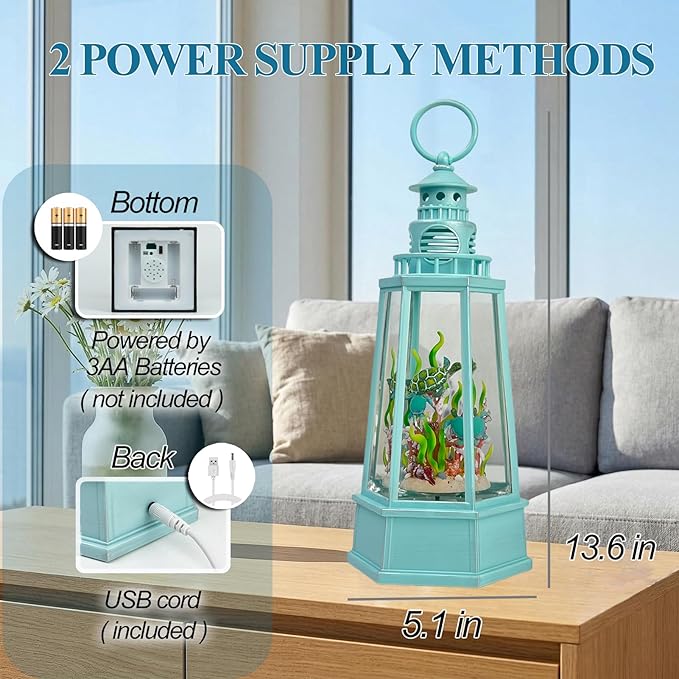 Ocean Themed Snow Globe Lantern with Music - USB or Battery Powered Light Up Water Lantern with Sea Turtle Swirling Glitter Water Globe for Summer Costal Ocean Decor Gift for Ocean Lover (Sea Turtle)