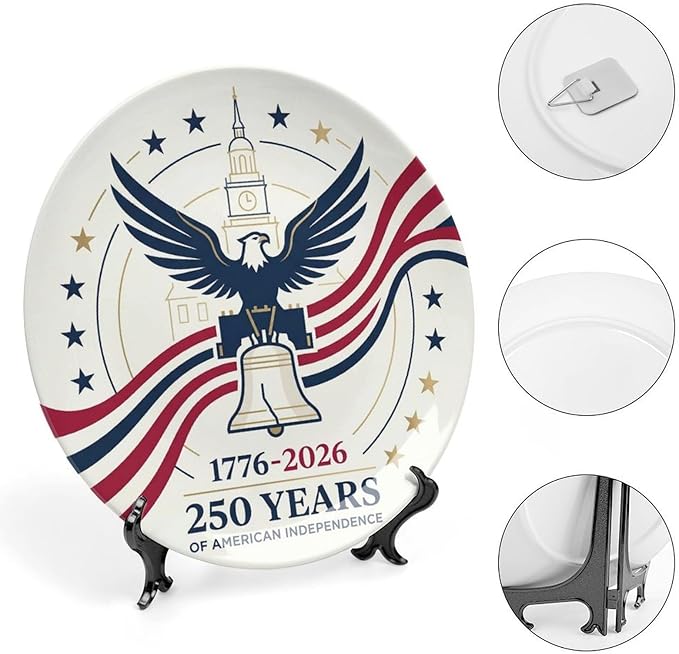 250th Anniversary Decorative Plates 8 Inch Patriotic Decorations Eagle Liberty Bell Commemorative Plates with Stand Memorial Day 4th of July Veterans Day Home & Office