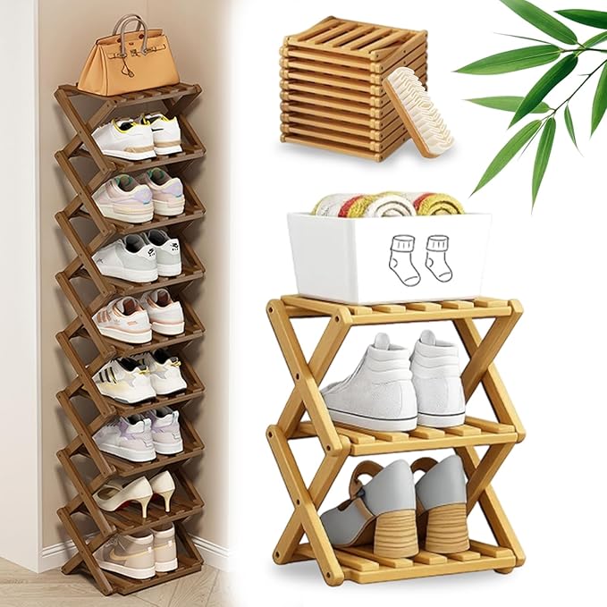 DDRIC The 9-Tier No-Assembly Bamboo Rack, Foldable 9 Tier Bamboo Shoe Rack with Collapsible Vertical Design, Space-Saving Shoe Storage Shelf for Entryway Closet Dorm, No-Tool Assembly (Nuture,3)