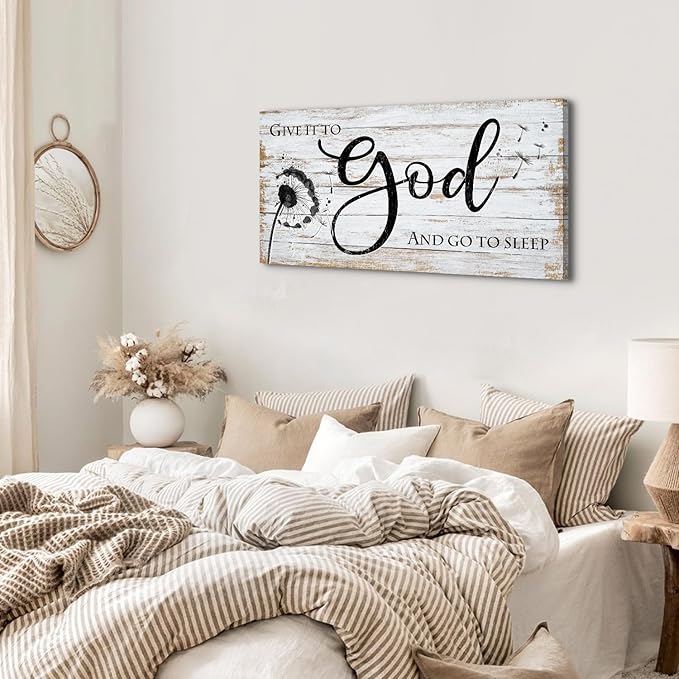 AIYISU Christian Bible Verses Wall Art Rustic Wall Decor for Bedroom Living Room Dandelion Pictures Give It To God and Go To Sleep Sign Canvas Painting Religious Poster Artwork Home Decorations 20x40