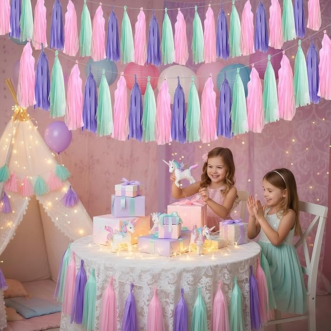 15Pcs Pink Purple and Blue Paper Tassel Garland,Tissue Tassel Banner for for Girls Baby Shower Ocean Theme Under The Sea Birthday Party Decorations