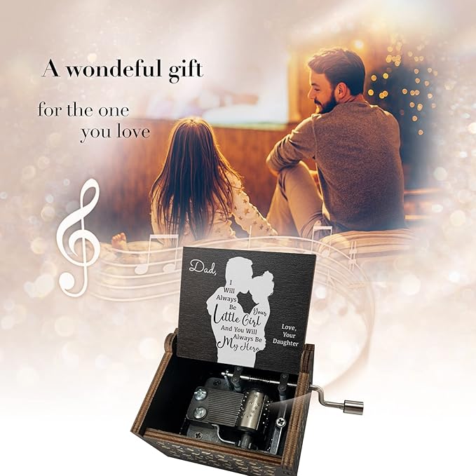 Wooden Music Box for Dad from Daughter,I Will Always be Your Lovely Girl Hand Crank Musical Boxes,My Hero Dad,Gifts for Daddy on Birthday Christmas Father's Day Deployment -Black