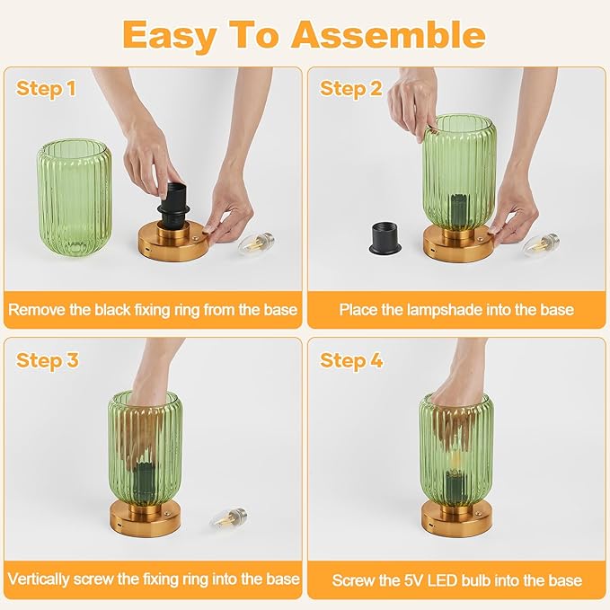 LightRound Cordless Table Lamp for Bedroom, 7500mAh Rechargeable Battery Operated Lamp, Modern Touch Dimmable Wireless Lamp Gold Base Green Glass Shade for Living Room, Desk, Led Bulb Included