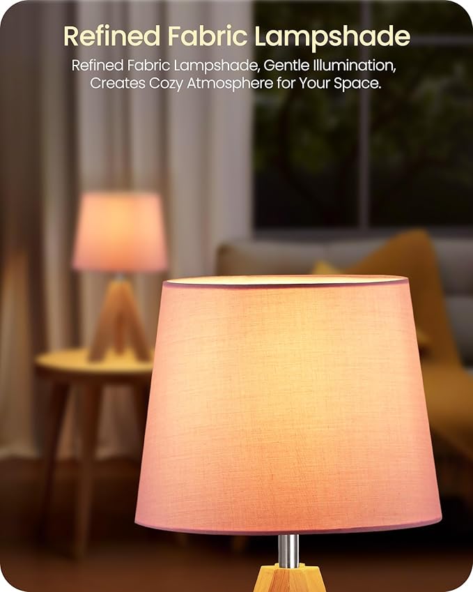 Pink Table Lamp, Small Tripod Table Lamp, Boho Bedside Lamp with Pink Linen Shade & Wood Base, Modern Nightstand Lamps, Little Cute Desk Lamp for Girls Room, Kids Room, Bedroom, P51TL05
