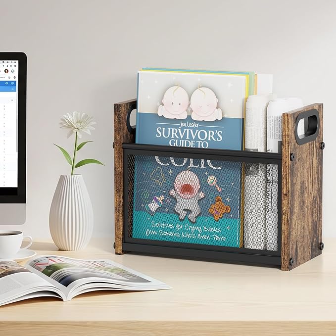 Rustic Magazine Holder, Wood Magazine Rack Floor, Magazine Storage Basket, Mesh Magazine File Holder, Magazine Holders for Shelves，Magazine Stand for Desk, Folder Organizer Bin for Magazines