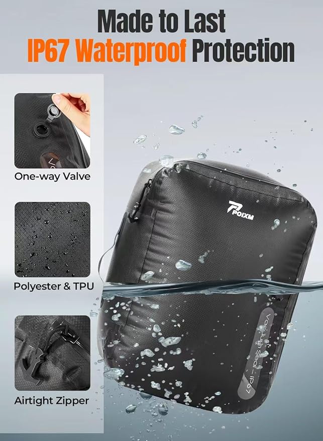 Vacuum Bags for Travel, 180° Open Zipper, IP67 Waterproof, Reusable Space Saver Compression Bags for Backpack, Suitcase(1 Pack, No Pump)