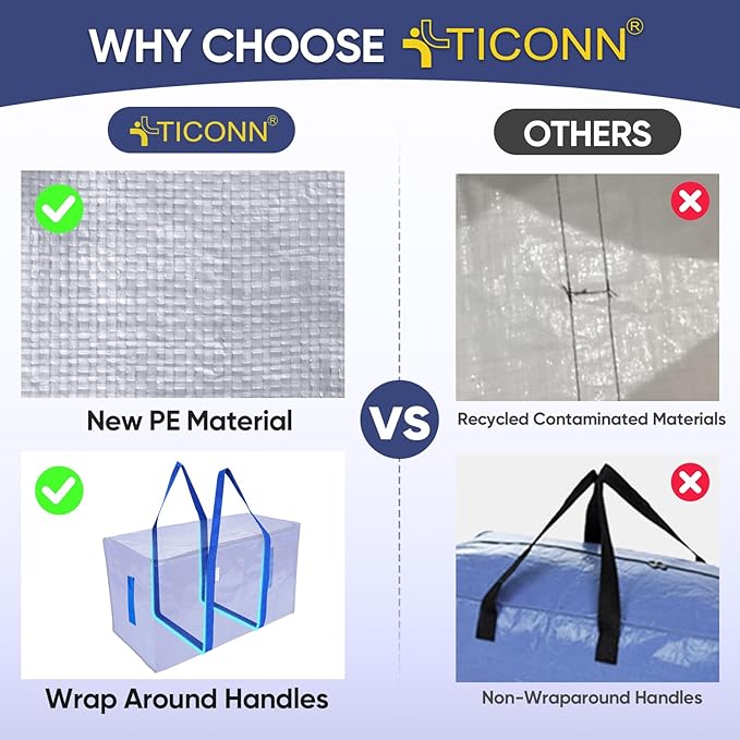 TICONN 2 Pack Extra Large Moving Bags Heavy Duty with Zippers & Carrying Handles, Durable Storage Bags Moving Boxes for Closet Organizers and Storage (2 Pack, Blue)