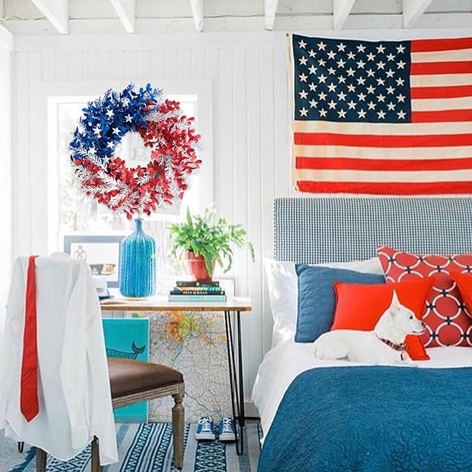idyllic 4th of July Wreath 22 inch, Patriotic Wreath for Front Door, Red White Blue Leaves Metal Stars Independence Day, Memorial Day Americana Decor