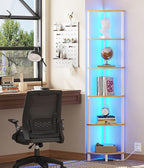 VIMBER 6-Tier Corner Shelf with LED Light, Industrial Corner Ladder Shelf, Rustic Display Shelf for Living Room, Bedroom, Kitchen, Home Office, Sturdy Frame, White and Nature Wood Color UJSJ002Q