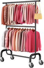Heavy Duty Clothes Rack Load 600 LBS, Rolling Clothing Rack for Hanging Clothes with Lockable Wheels, Double Rod Garment Rack for Bedroom, Laundry, Clothing Store, Black