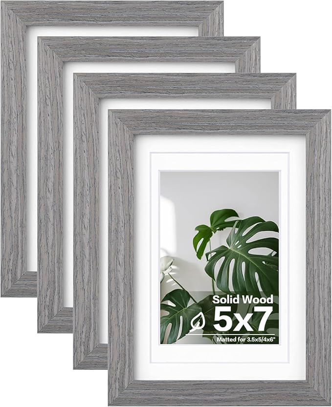 Egofine 5x7 Picture Frames Set of 4, Made of Solid Wood Covered by Plexiglass 3.5x5 and 4x6 with Mat or 5x7 without Mat, for Table Top Display and Wall Mounting Photo Frame Light Grey