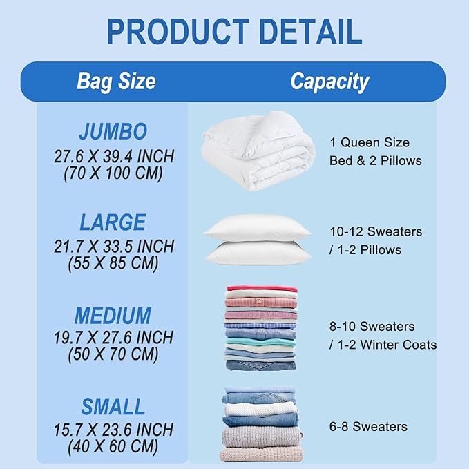 Vacuum Storage Bags with Hand Pump, Plastic Packaging Bags, 80% Space Saver Vacuum Seal Bags for Clothing, Travel Lugggage, Blankets, Comforters, 10 Medium