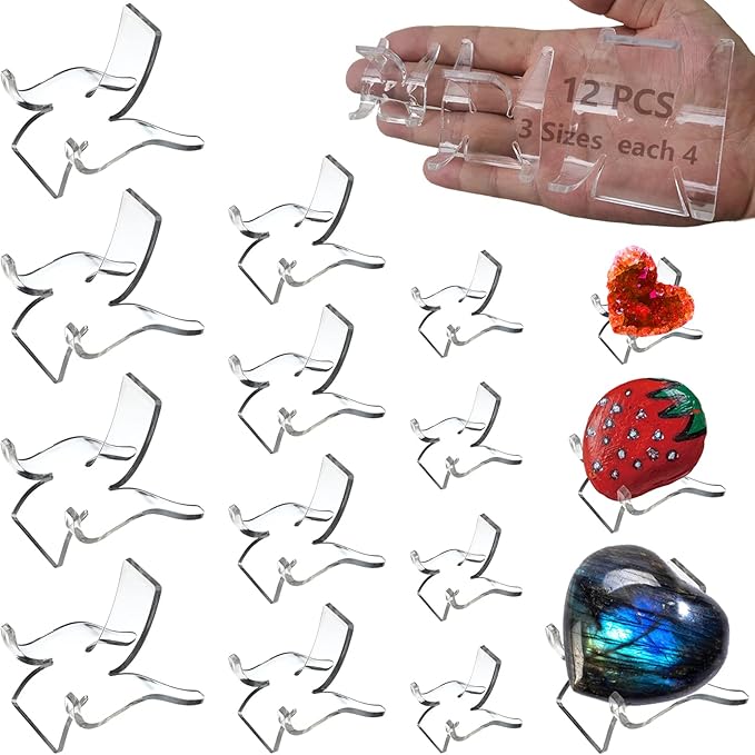 12 PCS Rock Display Stand Mini Acrylic Easel Stands ( 3 Sizes ) Acrylic Rock Holder Rock Stands for Display Multiple Sizes Small Collectibles - Crystal Painted Rock Geodes Rock Mineral Agate Fossil