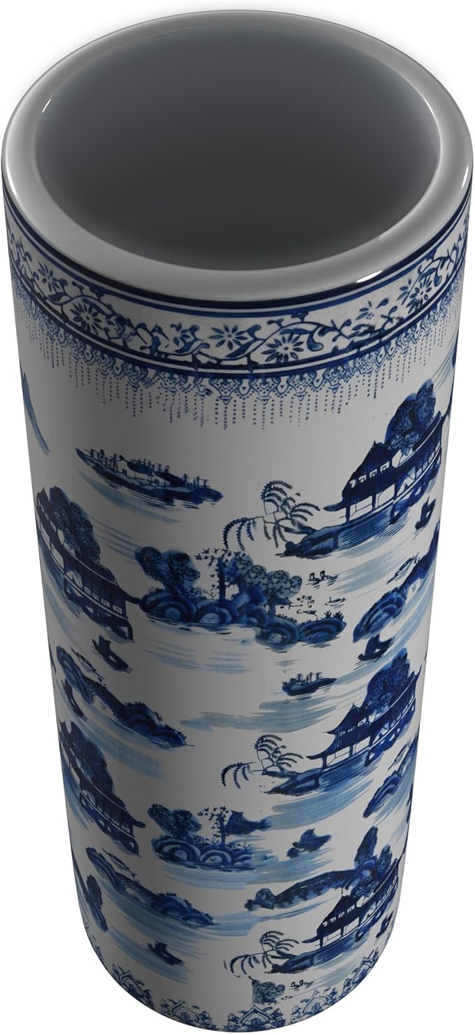 Oriental Furniture 20" Landscape Blue & White Porcelain Umbrella Stand