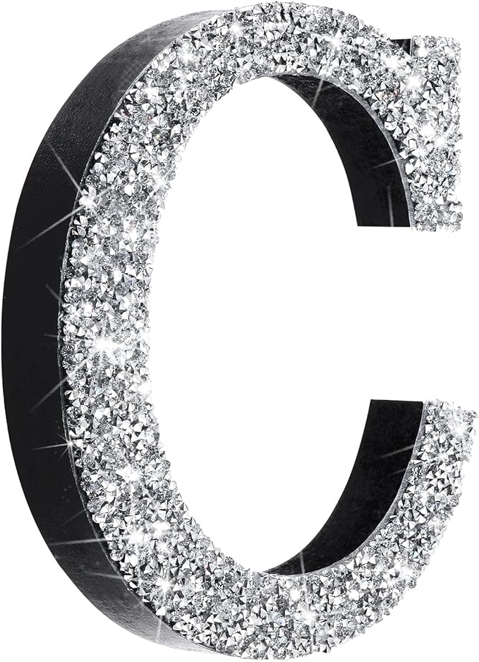 Qunclay 5.7" Silver Crystal Diamond Bling Letters Crushed Diamond Decoration Wooden Glitter Letter with Screw and Hooks Rhinestone Gift for Wedding Y2k Mcbling Bedroom Wall Decor (Letter C)