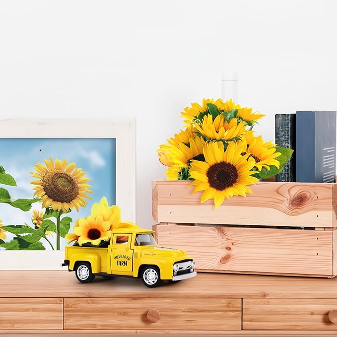 Sunflower Vintage Metal Truck Mini Metal Farm Truck Decor with Sunflower Bouquet Farmhouse Rustic Pickup Tiered Tray Decor for Home Kitchen Shelf Table Decor Yellow