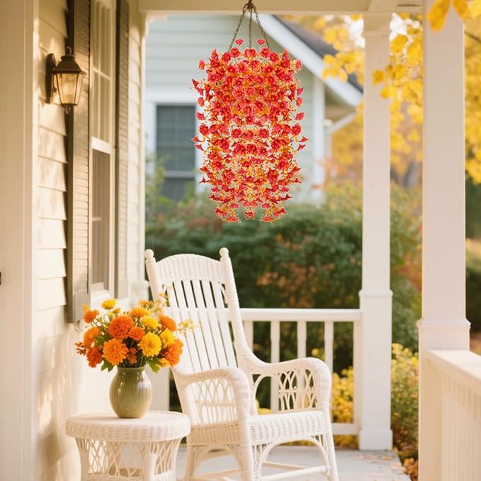 Fake Fall Hanging Flowers Artificial for Outdoor Decoration, 2 PCS Autumn Silk Faux Flowers Morning Glory with Eucalyptus Leaves, Realistic Hanging Plants for Wedding Home Office Garden Decor, Red