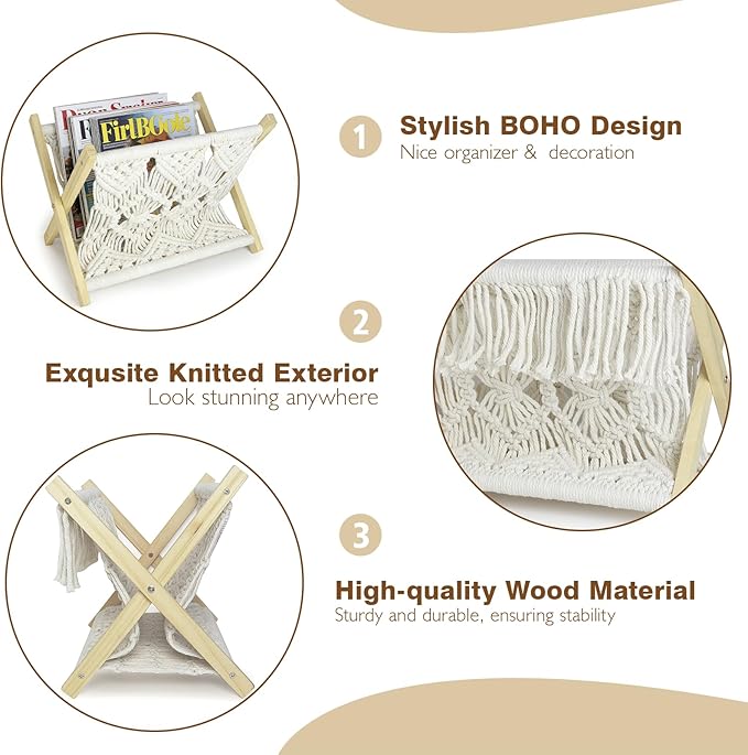 Boho Macrame Magazine Holder,Hand-Woven Magazine Rack for Home Office Desktop, Storage Basket for Letters, Magazines, Books and Newspapers (White)