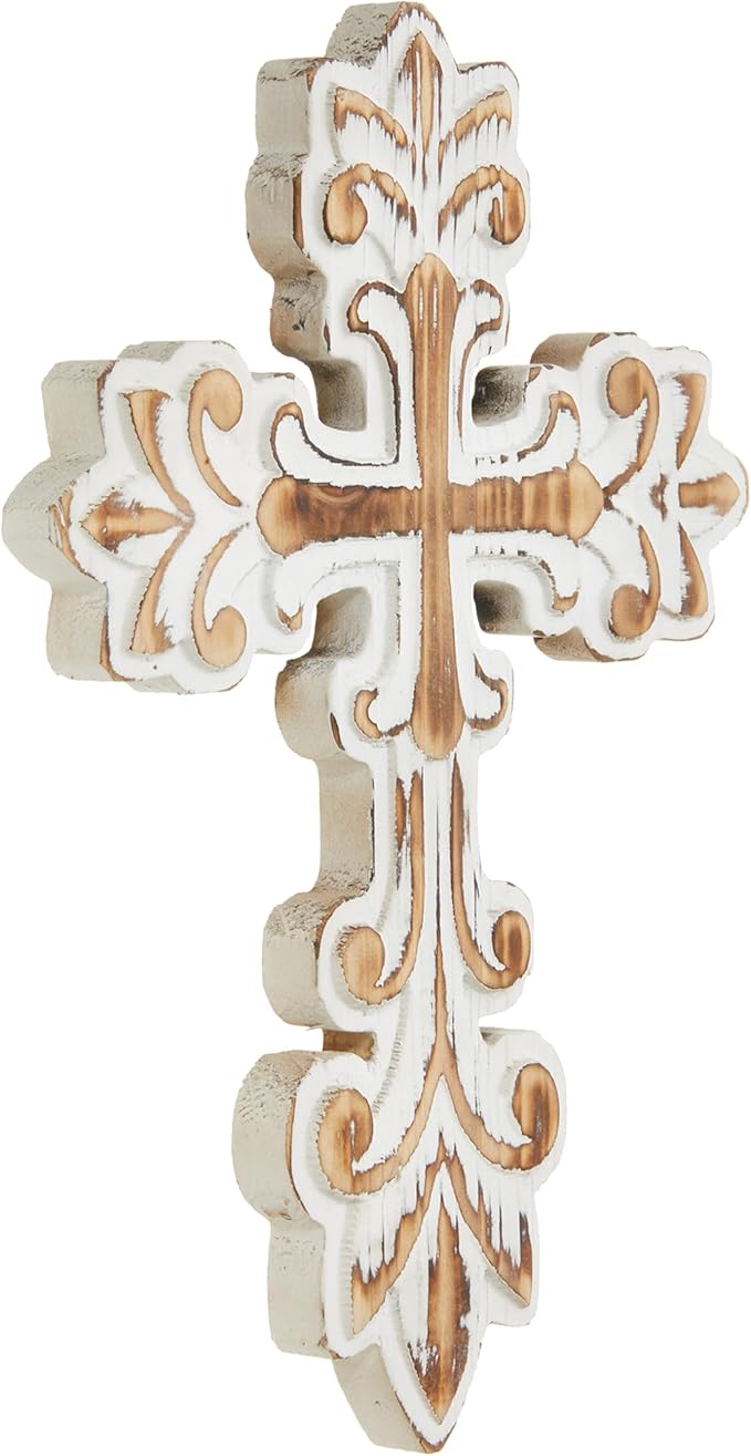 SOFE Decorative Wall Crosses for Home Decor, White Wash Wood Cross for Wall Decor, Rustic Cross to Hang on Wall, Wall Art Hand Carving Unique Pattern, Easter Religious Gifts